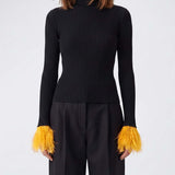 La DoubleJ Feather-trimmed ribbed turtleneck top