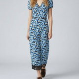 Floral-print lace-trim midi dress