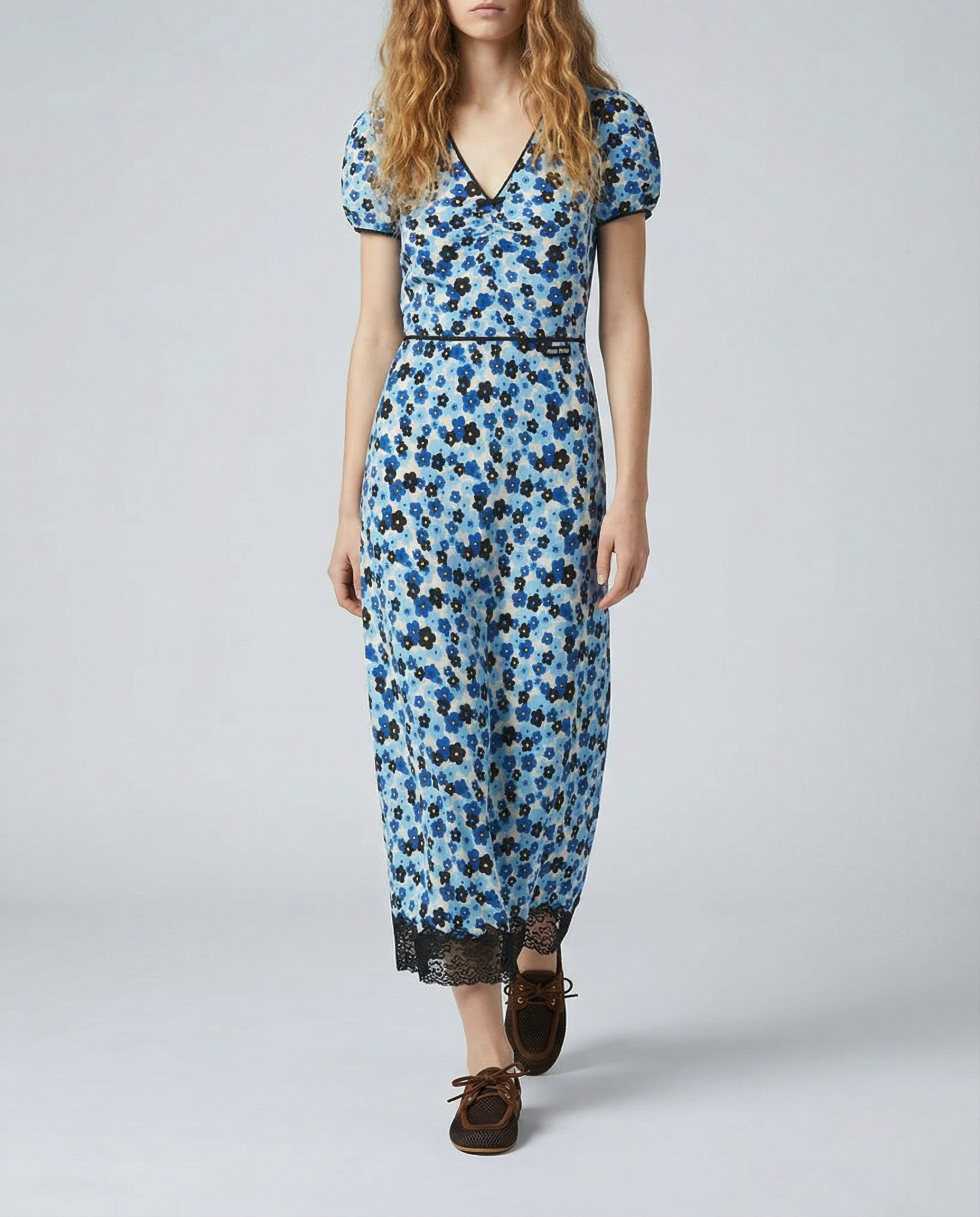 miu miu floral midi dress Miu Miu Floral Neck-Tie Short-Sleeve Midi Dress
