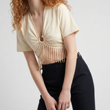 Rabanne Cropped fringed embellished cotton jersey t-shirt
