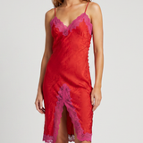 Saint Laurent Lace-trimmed silk satin midi dress