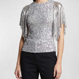 Rabanne Chainmail-trimmed sequined mesh blouse