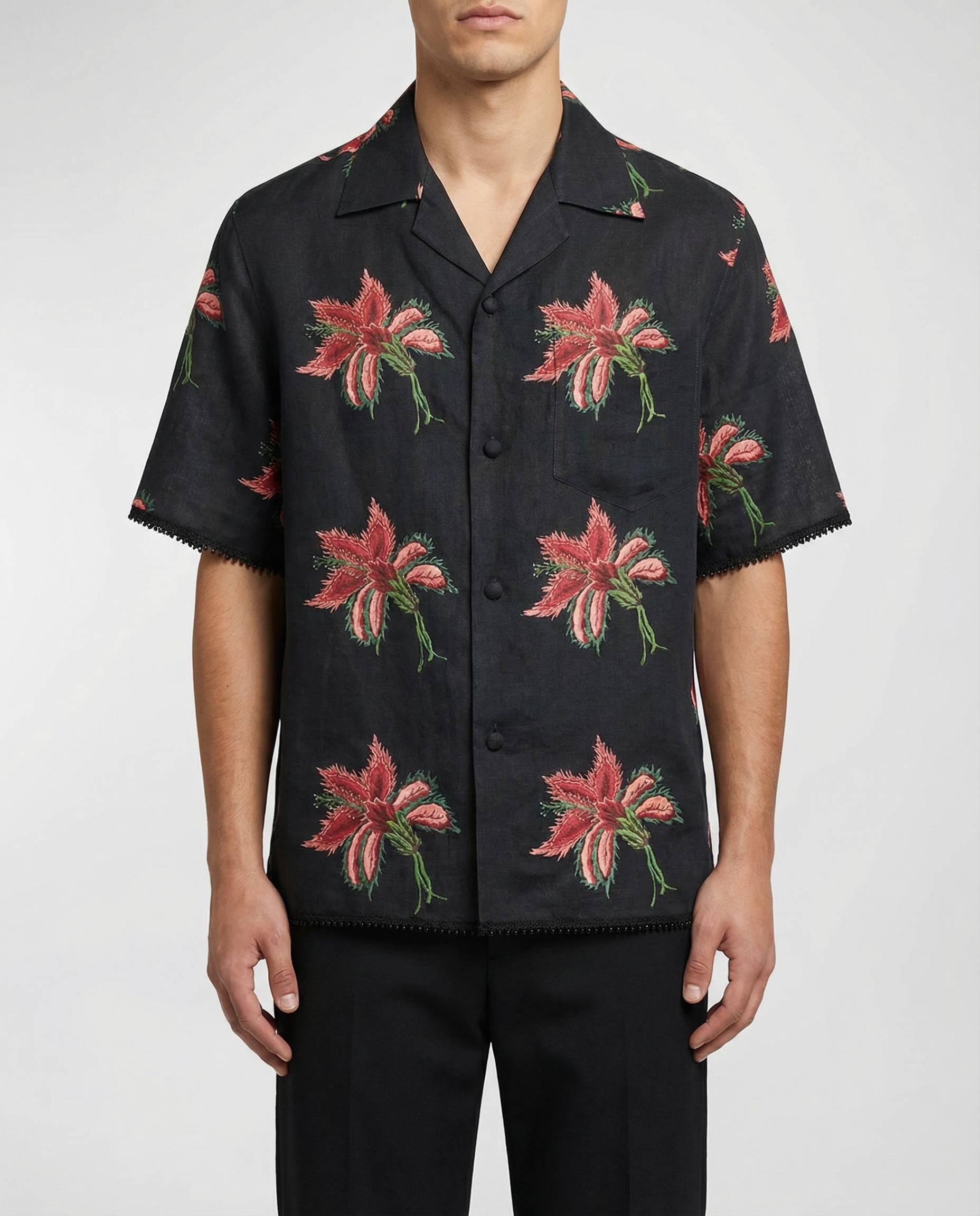 Valentino Garavani Floral lace-trimmed linen bowling shirt – Luisa