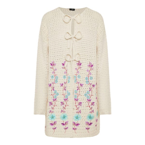 Floral-embroidered crochet cardigan
